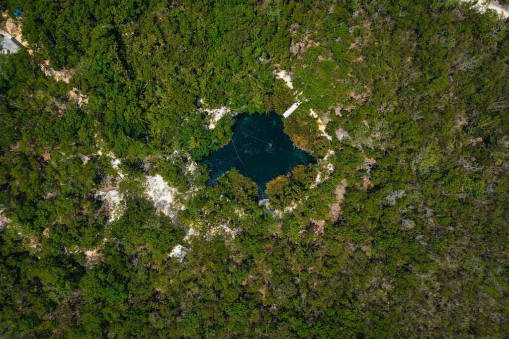 Aerial shot of the Cenote Cristalino in Tulum, Mexico