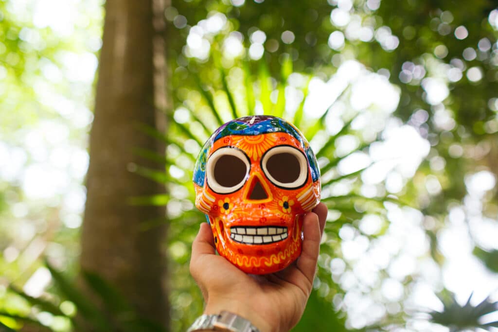 Decorated colorful skulls at market, day of dead, Mexico